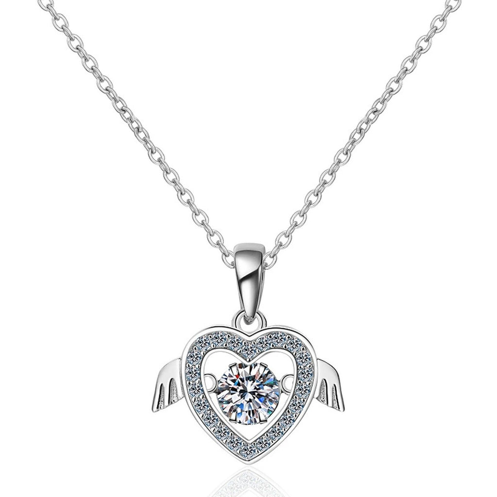 Heart Wing Moissanite Pendant Necklace with CZ in Rhodium-Plated S925 sterling silver on white background showing pendant shape and round moissanite