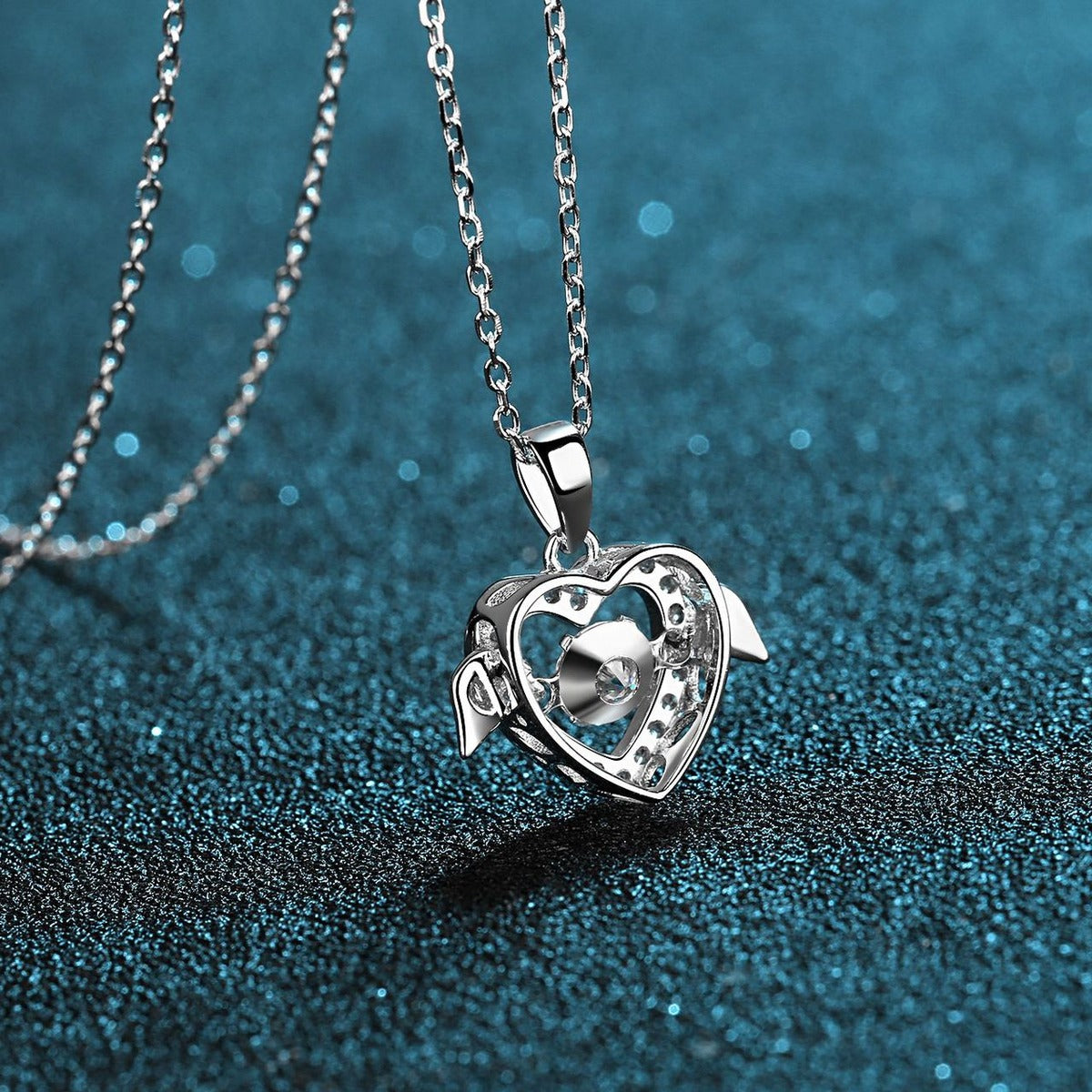 Heart Wing Moissanite Pendant Necklace with CZ in Rhodium-Plated S925 sterling silver product scene view showing pendant detail