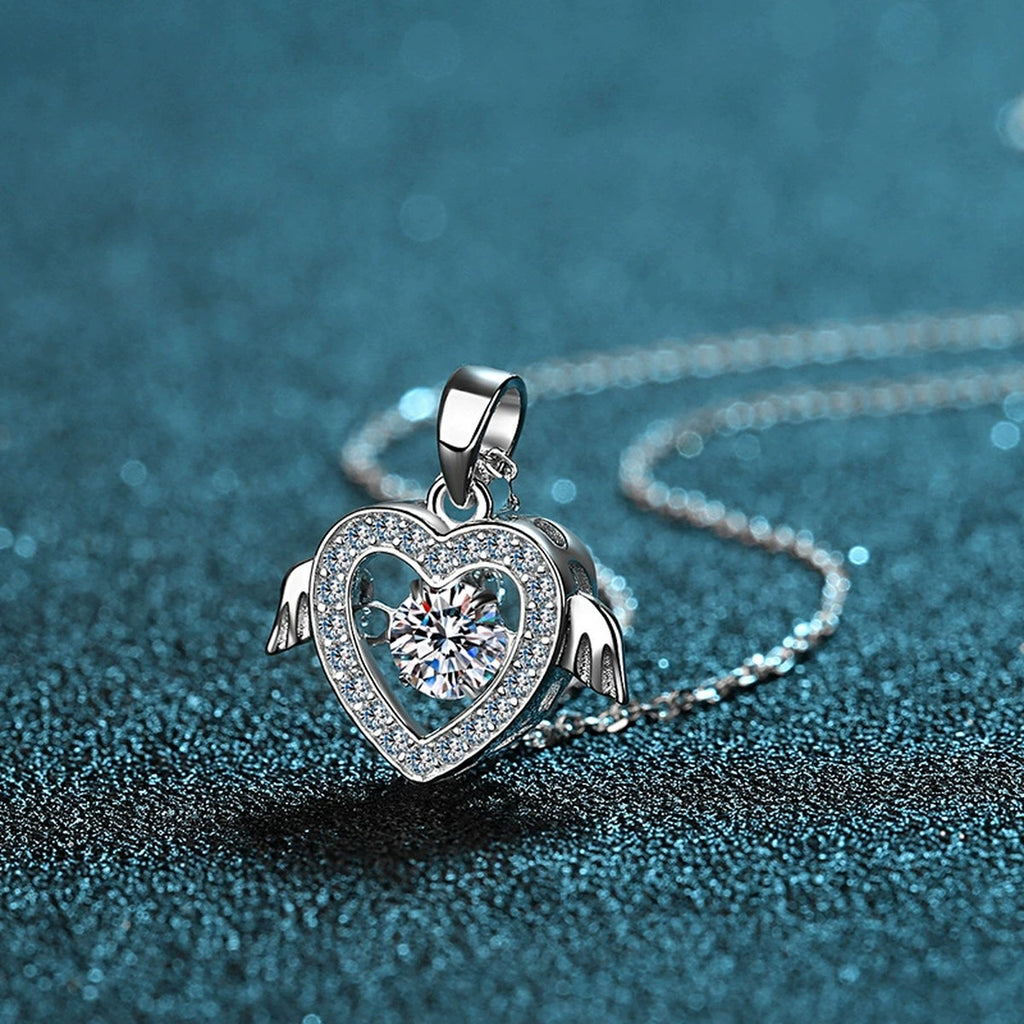 Heart Wing Moissanite Pendant Necklace with CZ in Rhodium-Plated S925 sterling silver product scene view showing chain and setting detail
