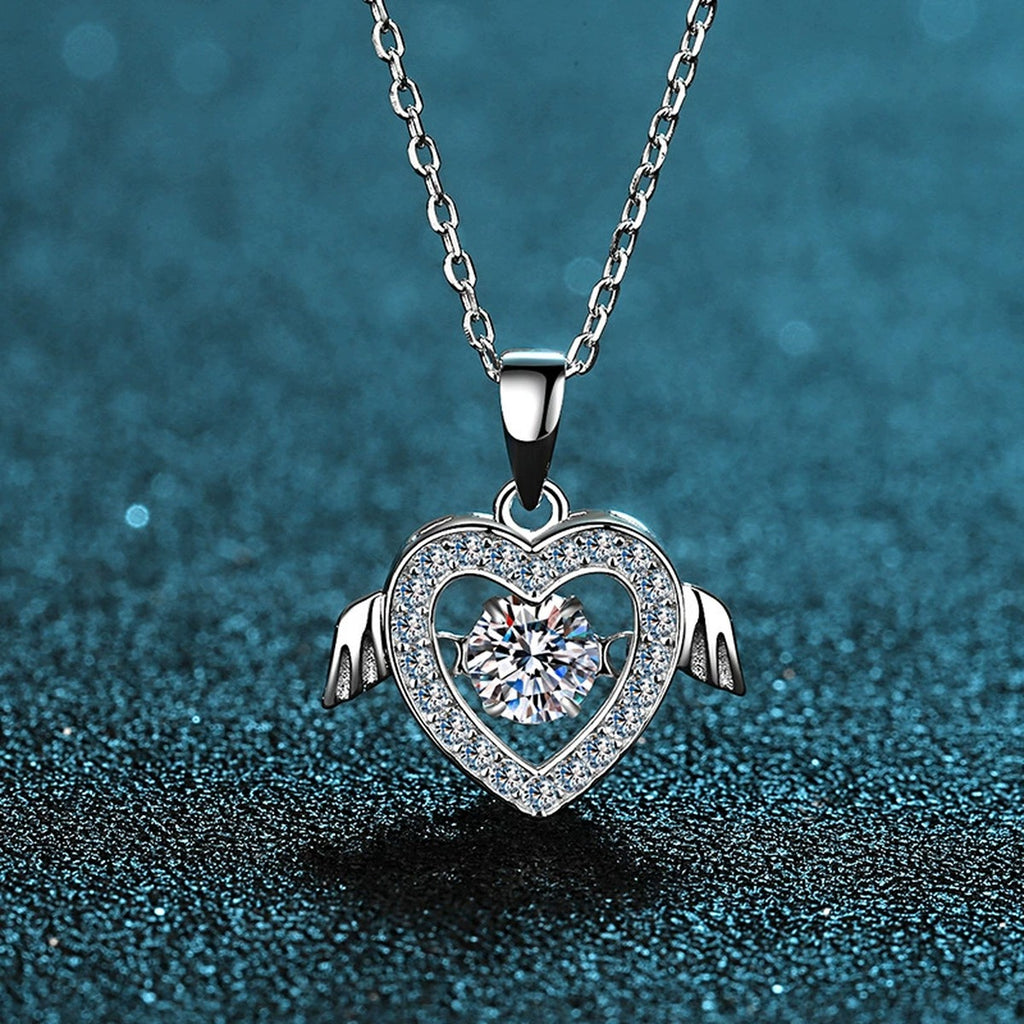 Heart Wing Moissanite Pendant Necklace with CZ in Rhodium-Plated S925 sterling silver product scene view showing angled sparkle