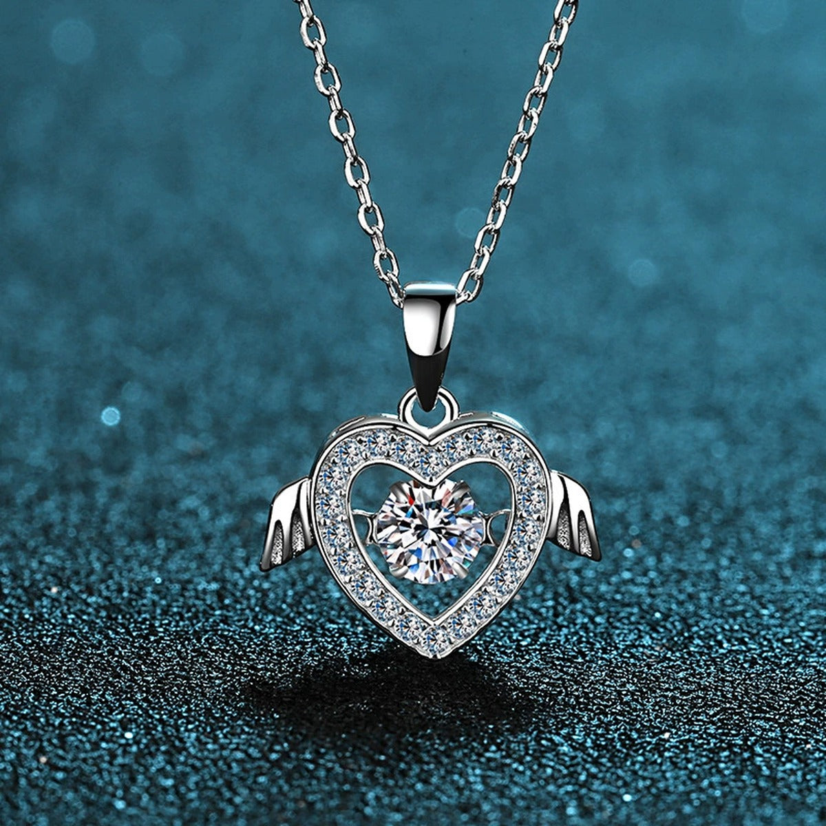 Heart Wing Moissanite Pendant Necklace with CZ in Rhodium-Plated S925 sterling silver product scene view showing angled sparkle