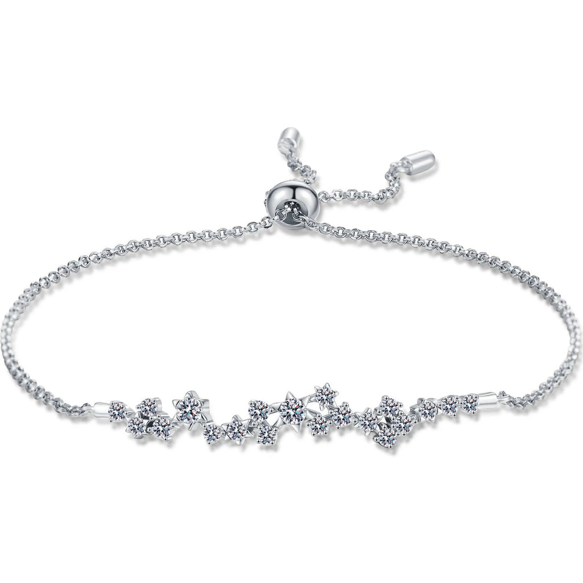 Star Moissanite Chain Bracelet in Rhodium-Plated S925 sterling silver white background product photo showing bracelet shape and moissanite setting