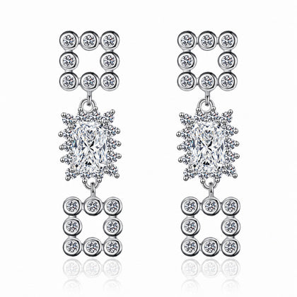 Emerald and Radiant Cut Moissanite Stud Dangle Earrings with CZ in Rhodium-Plated S925 sterling silver white background product photo showing the pair, stone shape, and stud dangle earrings silhouette