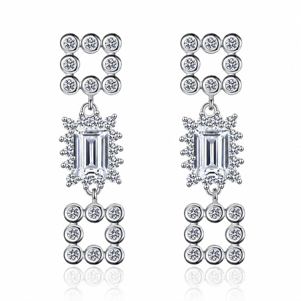 Emerald and Radiant Cut Moissanite Stud Dangle Earrings with CZ in Rhodium-Plated S925 sterling silver product scene view showing front sparkle