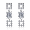 Emerald and Radiant Cut Moissanite Stud Dangle Earrings with CZ in Rhodium-Plated S925 sterling silver product scene view showing front sparkle