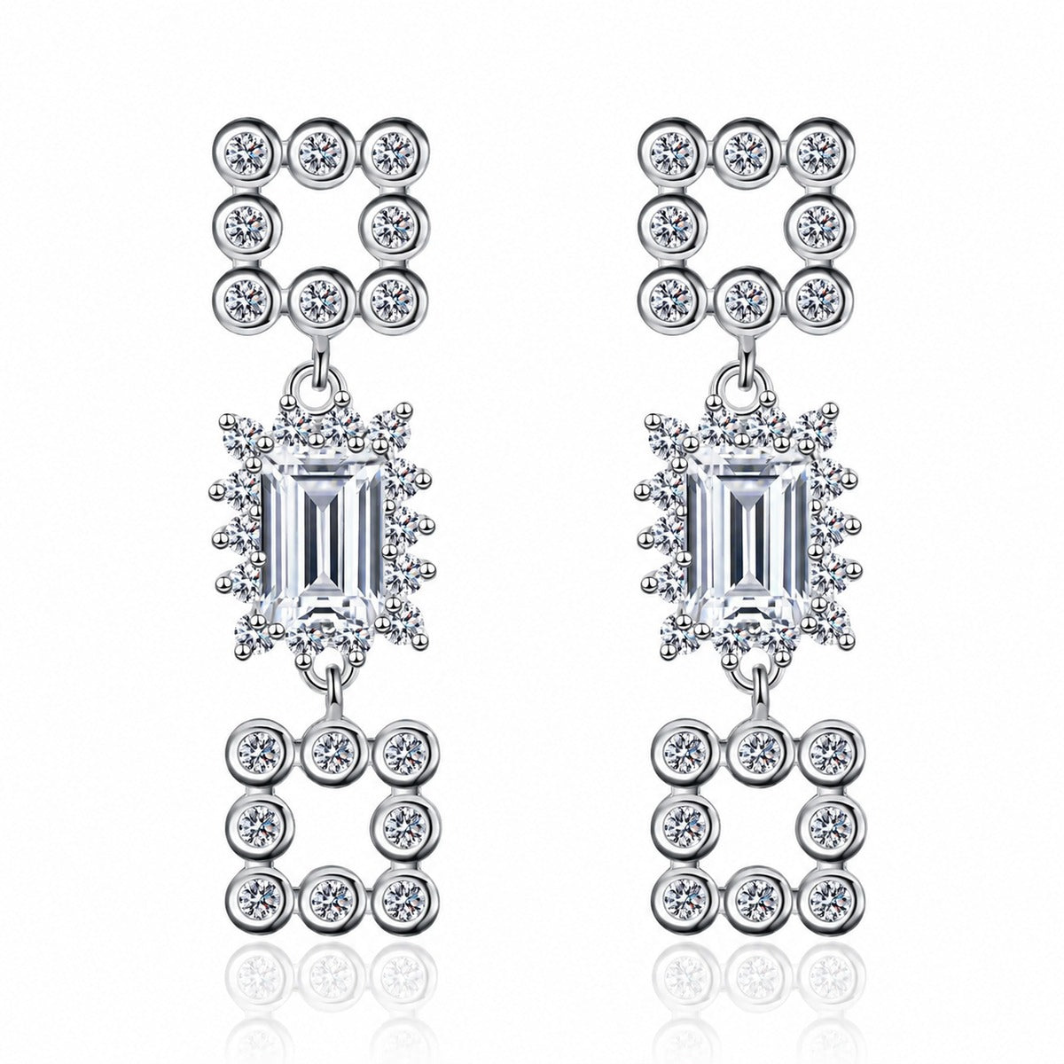 Emerald and Radiant Cut Moissanite Stud Dangle Earrings with CZ in Rhodium-Plated S925 sterling silver product scene view showing front sparkle