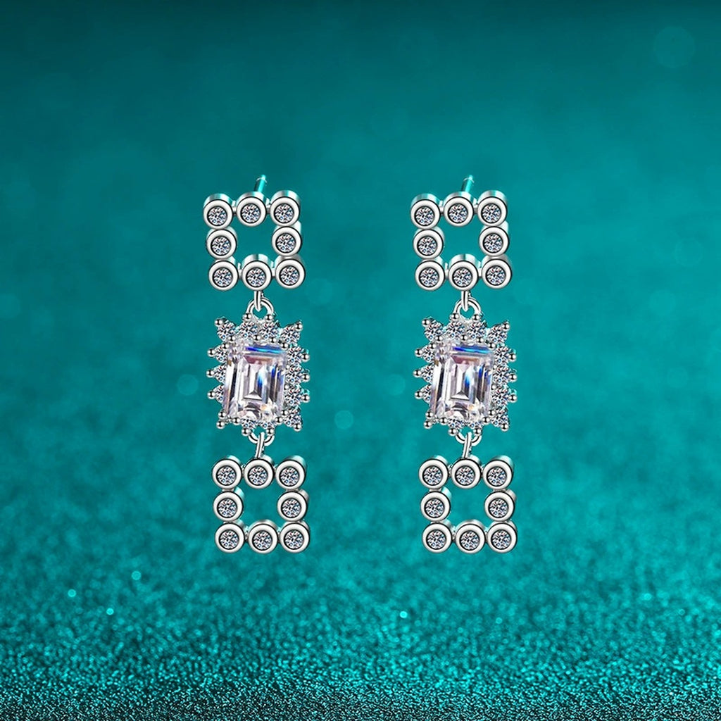 Emerald and Radiant Cut Moissanite Stud Dangle Earrings with CZ in Rhodium-Plated S925 sterling silver product scene view showing side profile