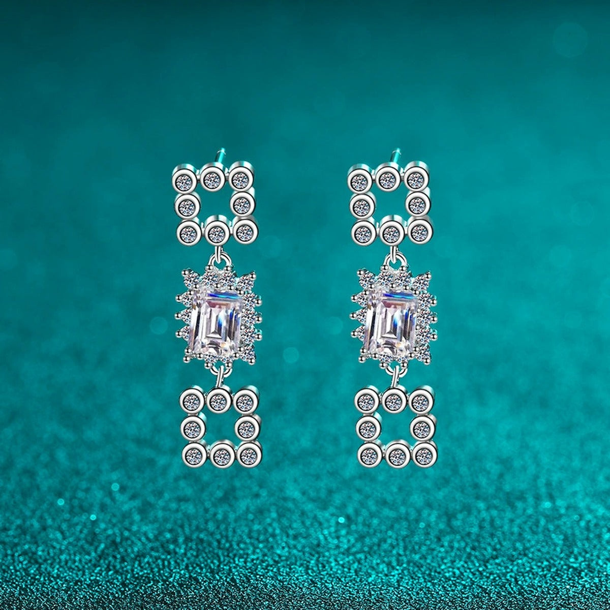 Emerald and Radiant Cut Moissanite Stud Dangle Earrings with CZ in Rhodium-Plated S925 sterling silver product scene view showing side profile