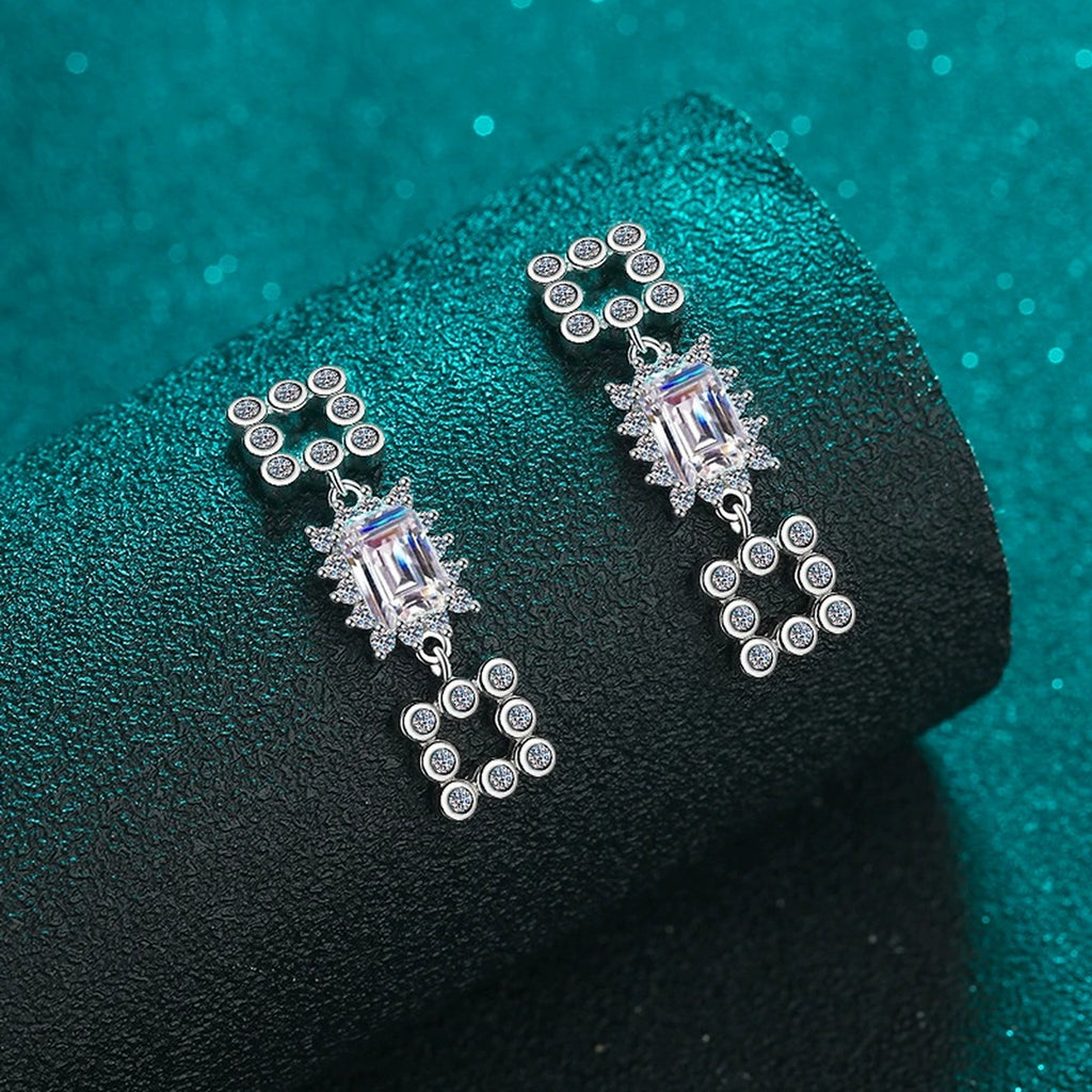 Emerald and Radiant Cut Moissanite Stud Dangle Earrings with CZ in Rhodium-Plated S925 sterling silver product scene view showing pair comparison