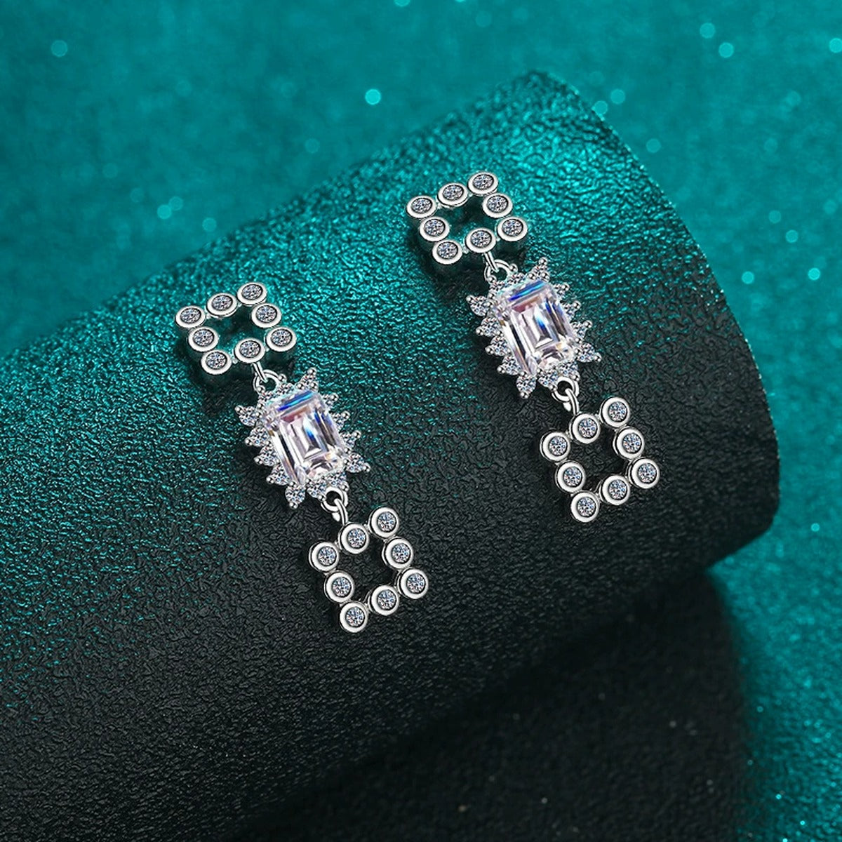 Emerald and Radiant Cut Moissanite Stud Dangle Earrings with CZ in Rhodium-Plated S925 sterling silver product scene view showing pair comparison