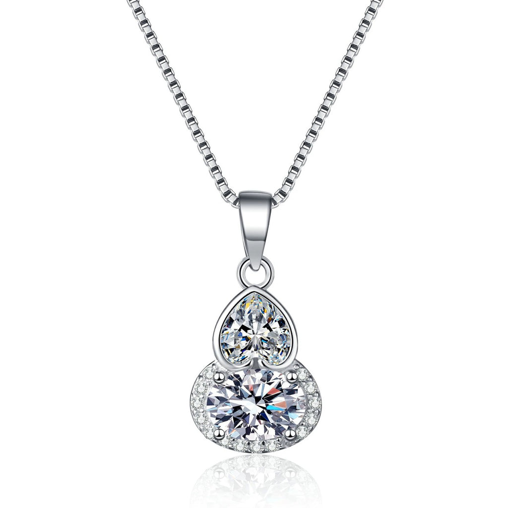 Heart and Oval Moissanite Pendant Necklace with CZ in Rhodium-Plated S925 sterling silver white background product photo showing stacked heart and oval moissanite pendant with CZ accents