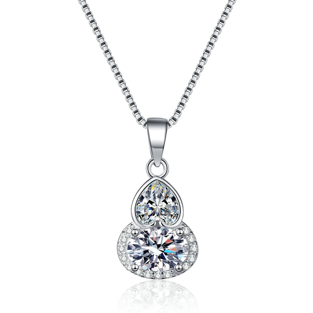 Heart and Oval Moissanite Pendant Necklace with CZ in Rhodium-Plated S925 sterling silver white background product photo showing stacked heart and oval moissanite pendant with CZ accents