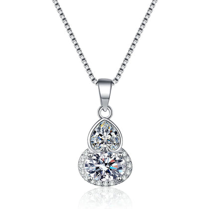 Heart and Oval Moissanite Pendant Necklace with CZ in Rhodium-Plated S925 sterling silver white background product photo showing stacked heart and oval moissanite pendant with CZ accents