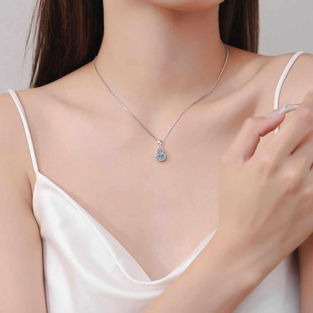 Heart and Oval Moissanite Pendant Necklace with CZ in Rhodium-Plated S925 sterling silver neckline model view showing pendant scale and chain length