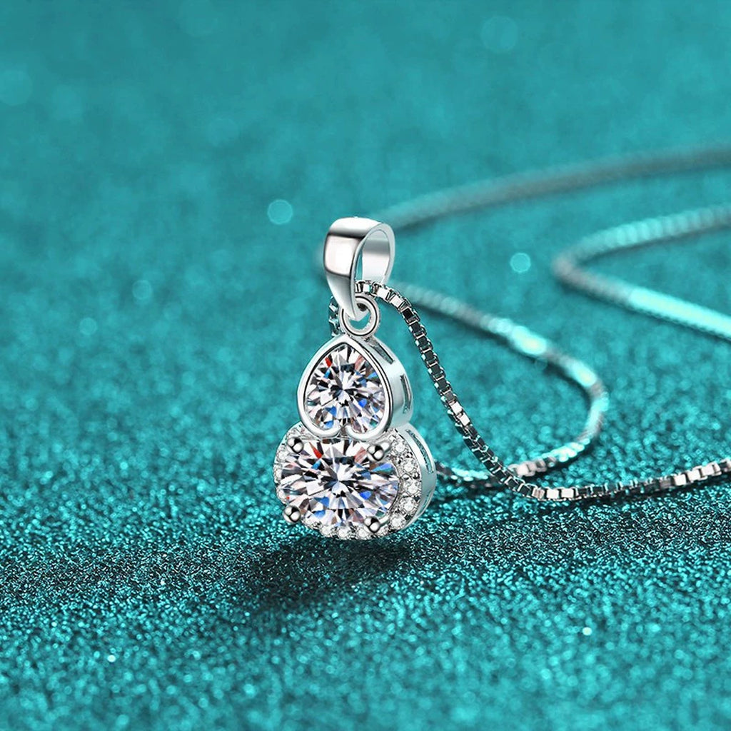 Heart and Oval Moissanite Pendant Necklace with CZ in Rhodium-Plated S925 sterling silver display scene showing chain and stone layout