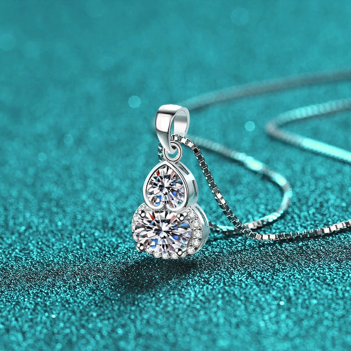 Heart and Oval Moissanite Pendant Necklace with CZ in Rhodium-Plated S925 sterling silver display scene showing chain and stone layout