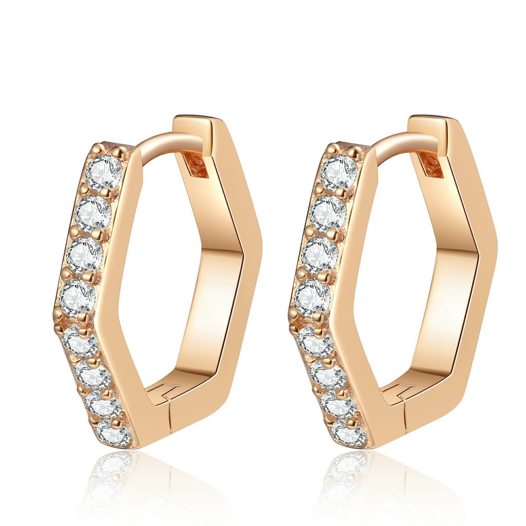 Hexagon Moissanite Hoop Earrings in Champion Gold-Plated S925 sterling silver white background product photo showing the pair, stone shape, and hoop earrings silhouette