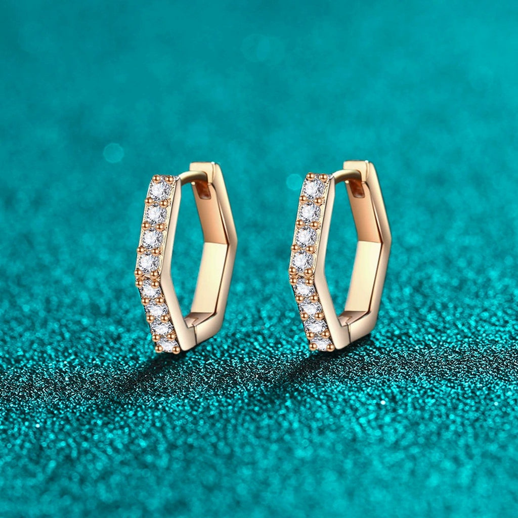 Hexagon Moissanite Hoop Earrings in Champion Gold-Plated S925 sterling silver product scene view showing angled setting detail