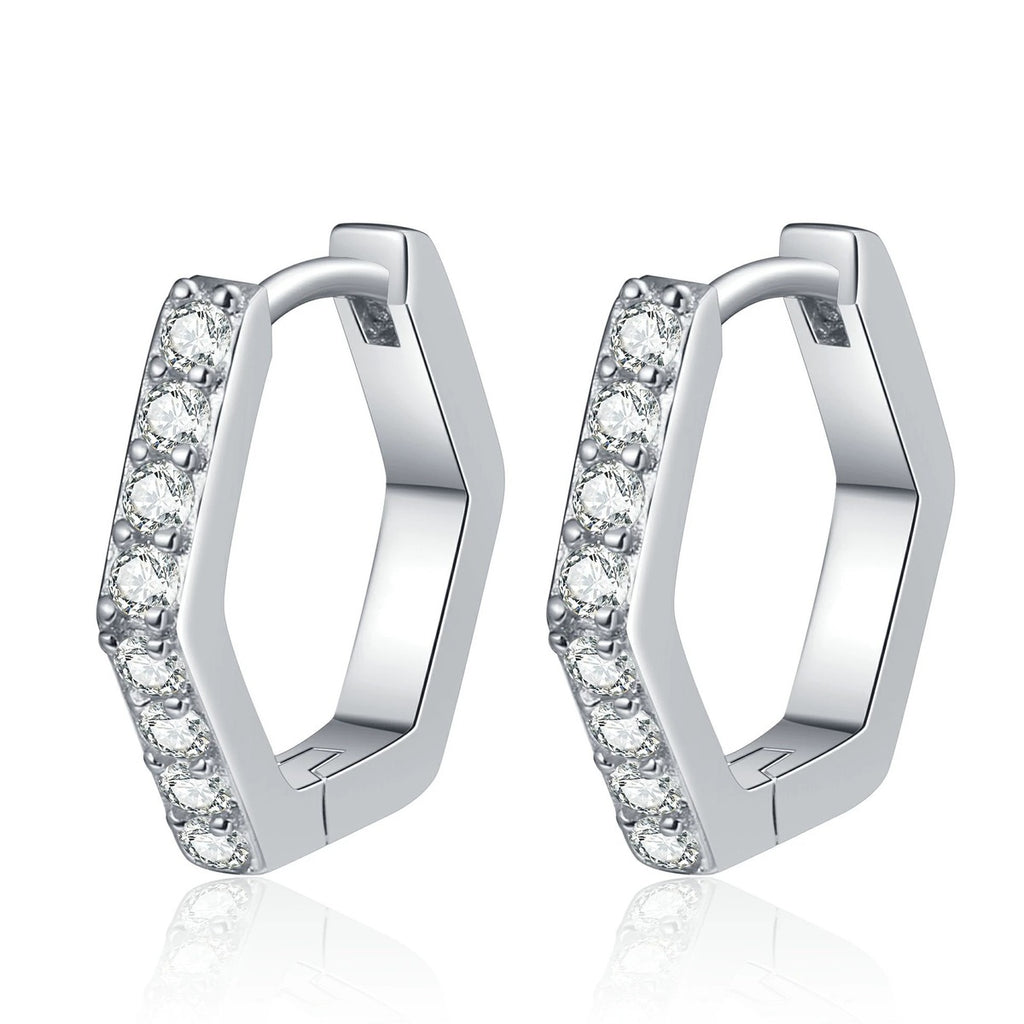 Hexagon Moissanite Hoop Earrings in Rhodium-Plated S925 sterling silver white background product photo showing the pair, stone shape, and hoop earrings silhouette