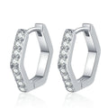 Hexagon Moissanite Hoop Earrings in Rhodium-Plated S925 sterling silver white background product photo showing the pair, stone shape, and hoop earrings silhouette