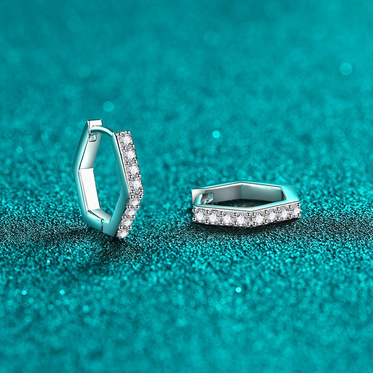 Hexagon Moissanite Hoop Earrings in Rhodium-Plated S925 sterling silver product scene view showing front sparkle