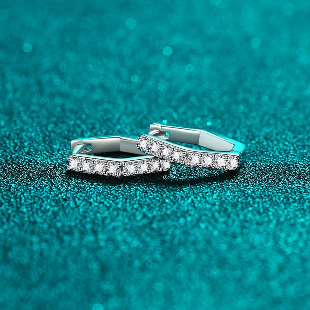 Hexagon Moissanite Hoop Earrings in Rhodium-Plated S925 sterling silver product scene view showing angled setting detail
