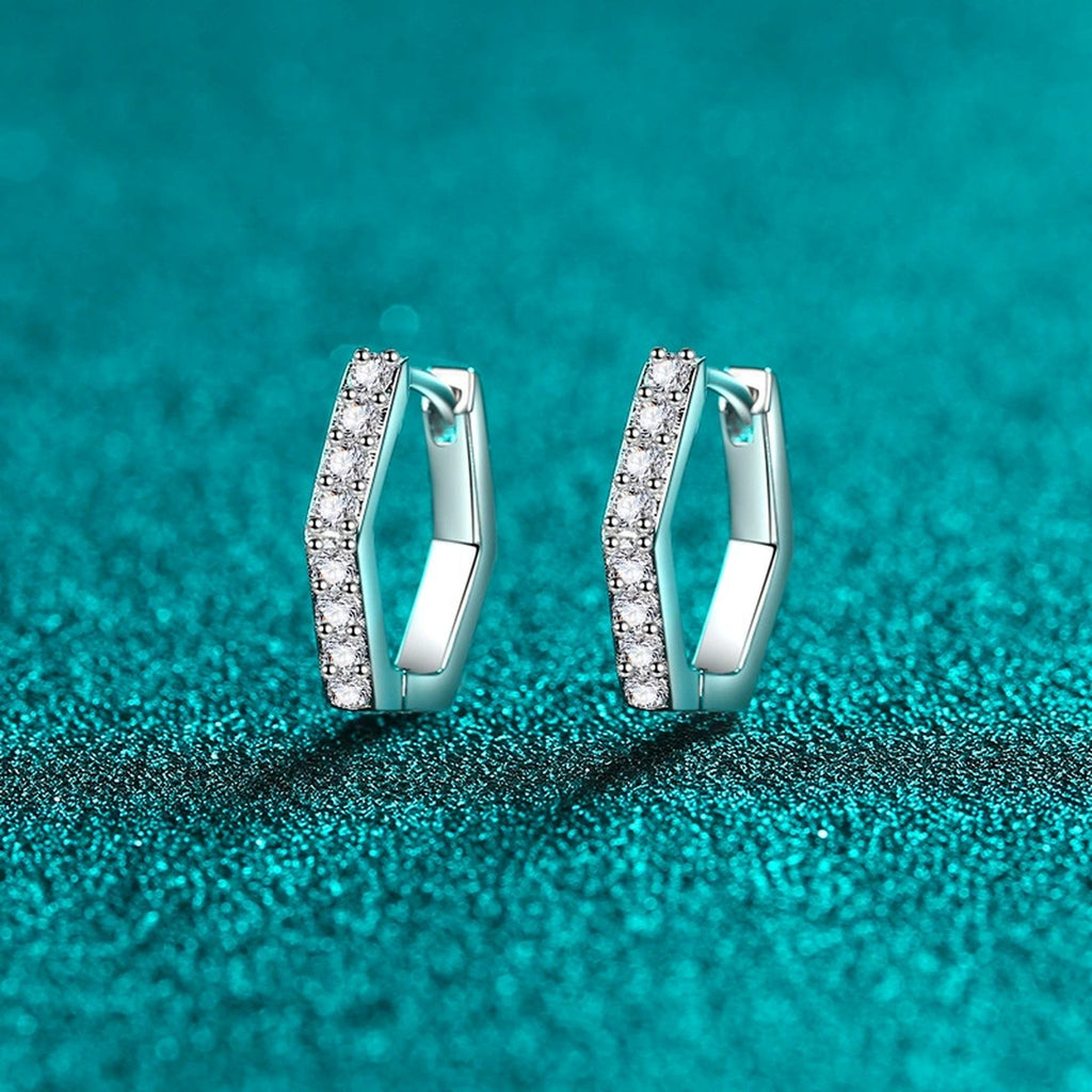 Hexagon Moissanite Hoop Earrings in Rhodium-Plated S925 sterling silver product scene view showing side profile