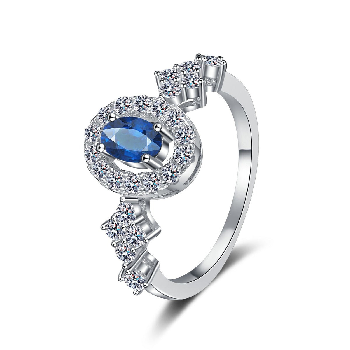 Blue and White Oval Moissanite Ring with CZ in Rhodium-Plated S925 Sterling Silver clean white background product photo showing the ring silhouette and moissanite setting