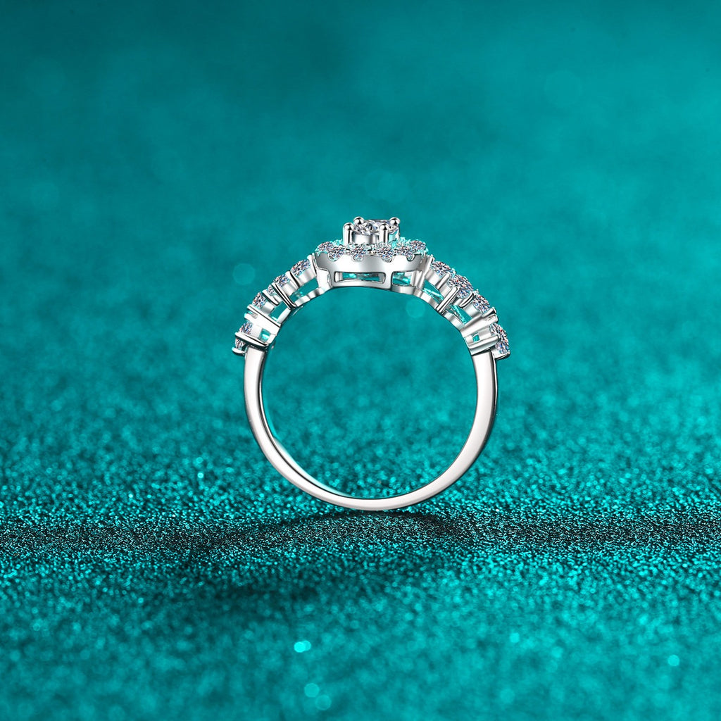 Blue and White Oval Moissanite Ring with CZ in Rhodium-Plated S925 Sterling Silver blue display product photo showing the moissanite setting, stone cut, and band profile