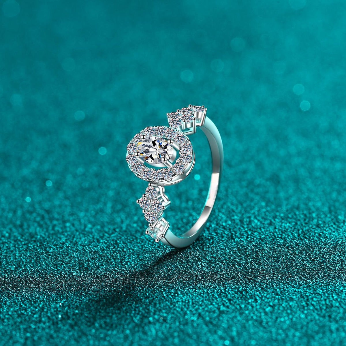 Blue and White Oval Moissanite Ring with CZ in Rhodium-Plated S925 Sterling Silver blue display product photo showing the moissanite setting, stone cut, and band profile