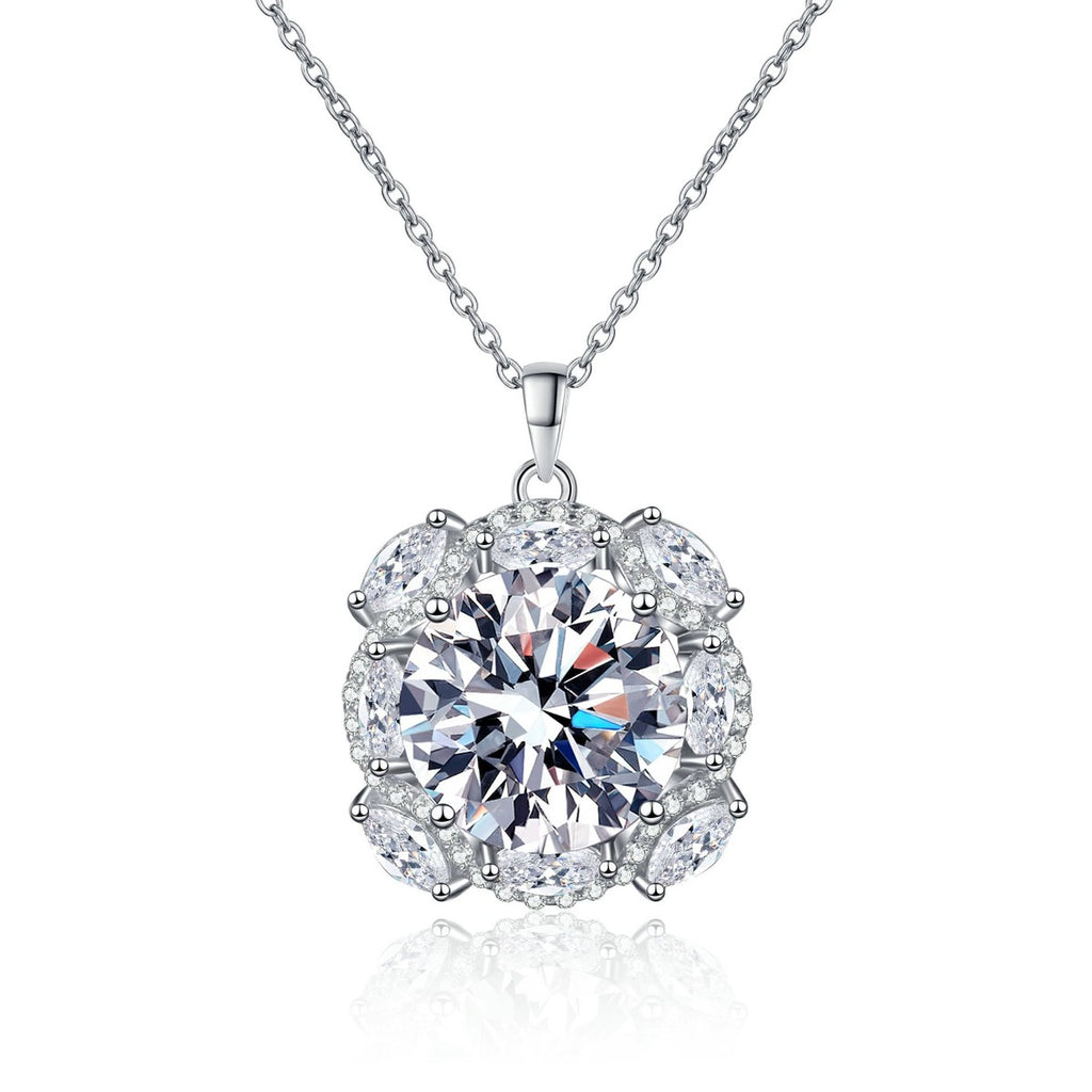 Round Halo Moissanite Pendant Necklace with CZ in Rhodium-Plated S925 sterling silver white background product photo showing large round halo pendant with a 14mm moissanite center