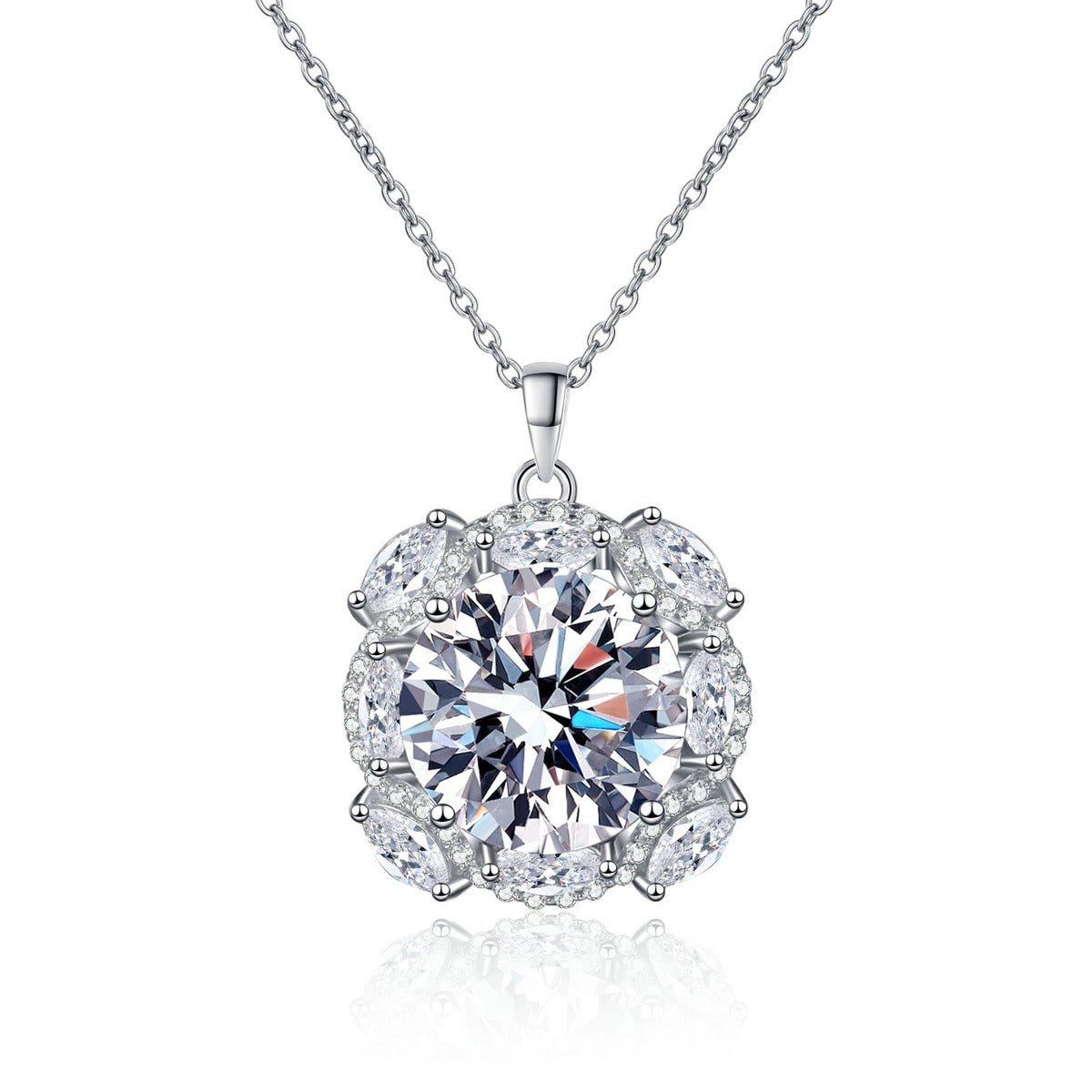 Round Halo Moissanite Pendant Necklace with CZ in Rhodium-Plated S925 sterling silver white background product photo showing large round halo pendant with a 14mm moissanite center