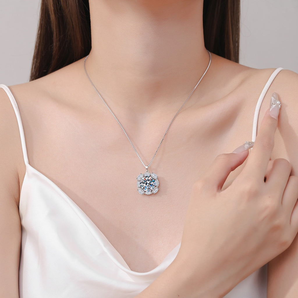 Round Halo Moissanite Pendant Necklace with CZ in Rhodium-Plated S925 sterling silver neckline model view showing pendant scale and chain length