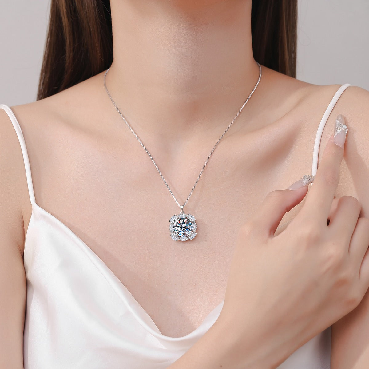Round Halo Moissanite Pendant Necklace with CZ in Rhodium-Plated S925 sterling silver neckline model view showing pendant scale and chain length