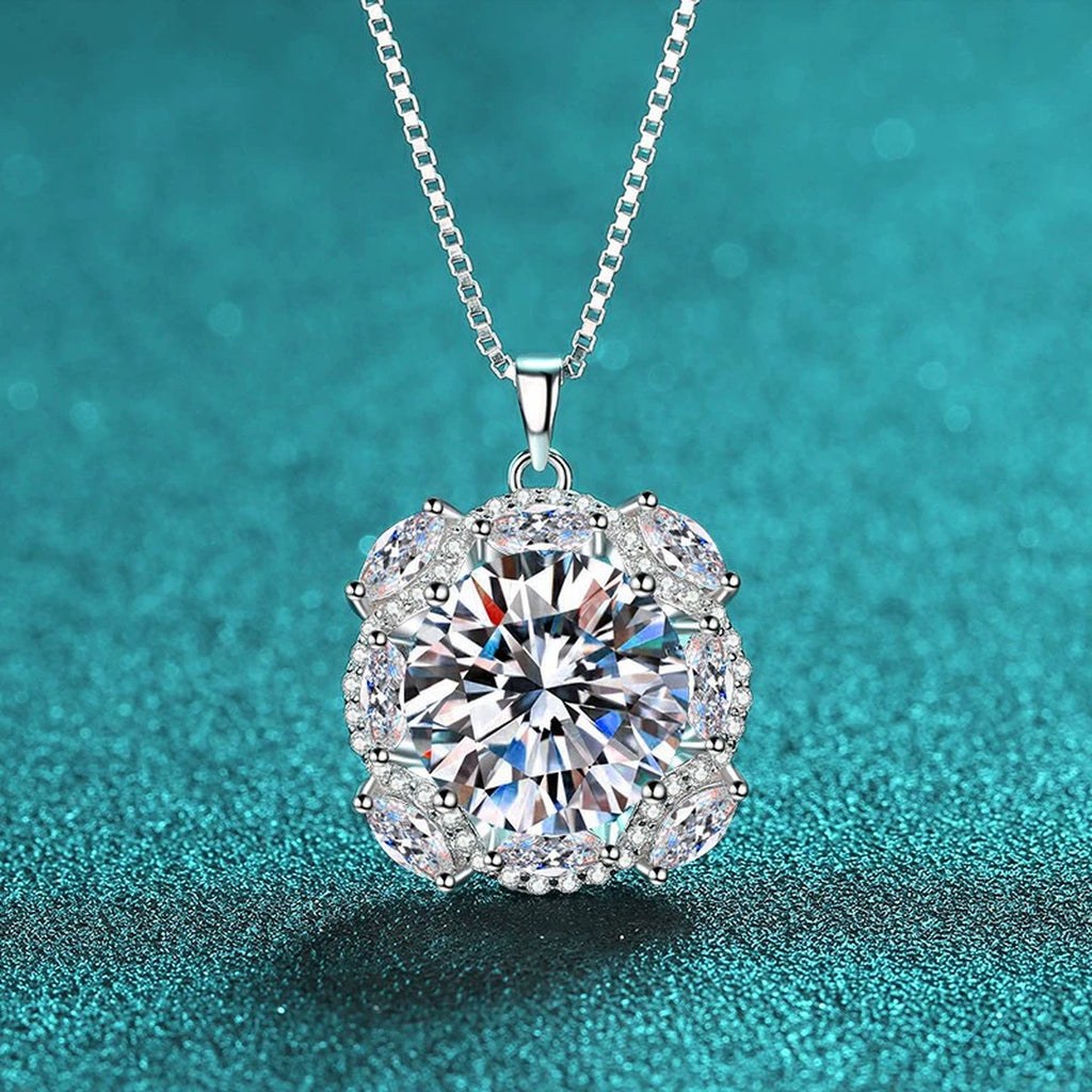 Round Halo Moissanite Pendant Necklace with CZ in Rhodium-Plated S925 sterling silver close-up product scene showing pendant setting