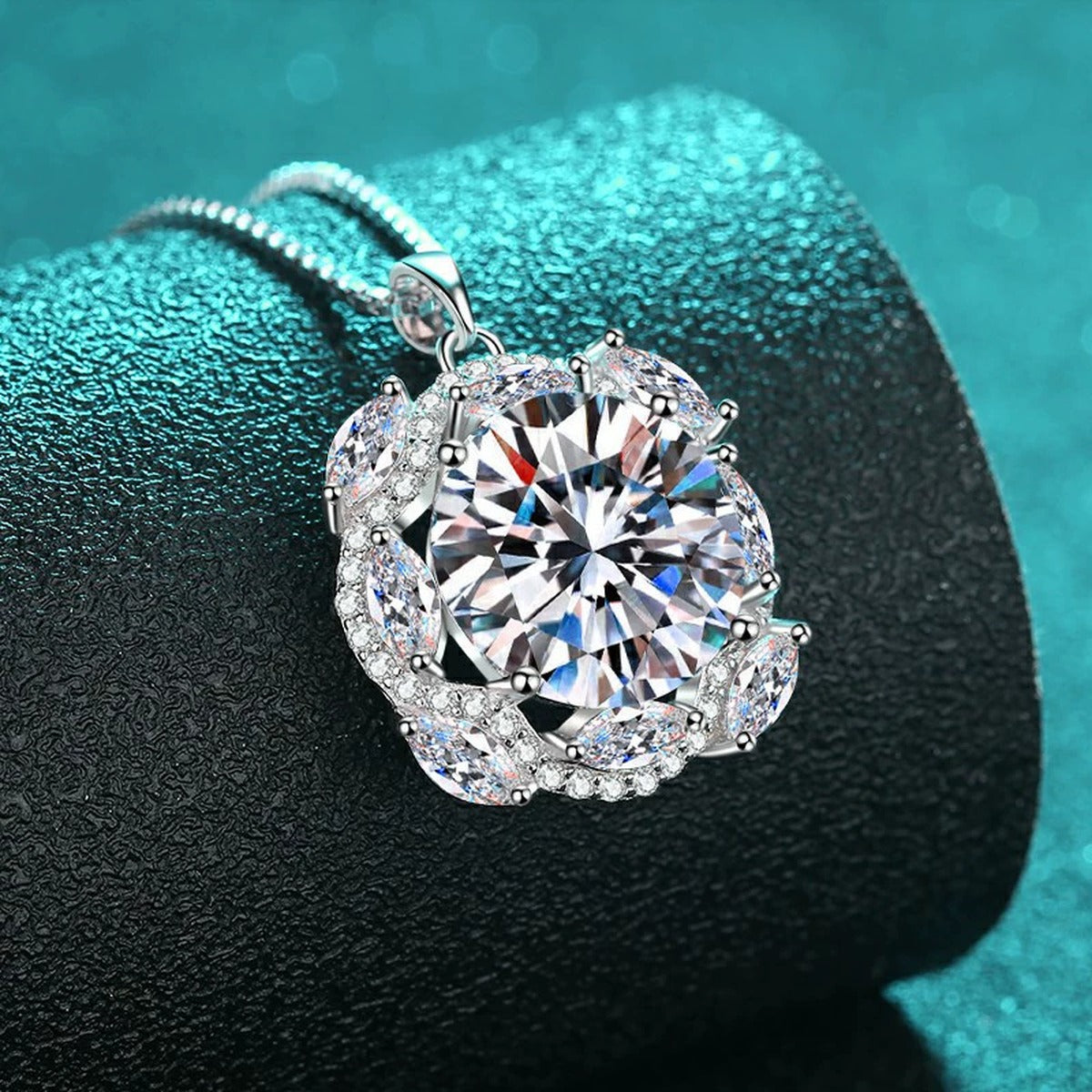 Round Halo Moissanite Pendant Necklace with CZ in Rhodium-Plated S925 sterling silver display scene showing chain and stone layout