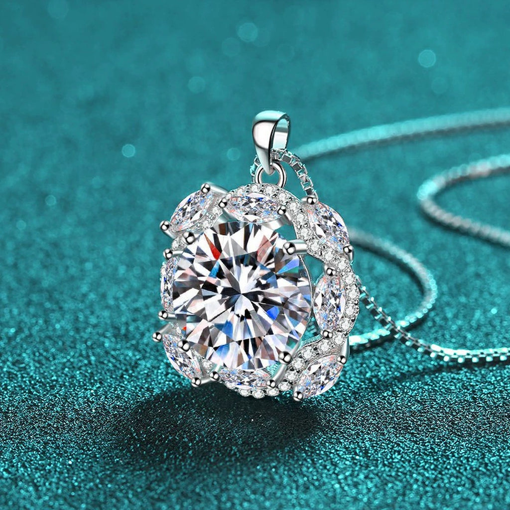 Round Halo Moissanite Pendant Necklace with CZ in Rhodium-Plated S925 sterling silver angled product detail view