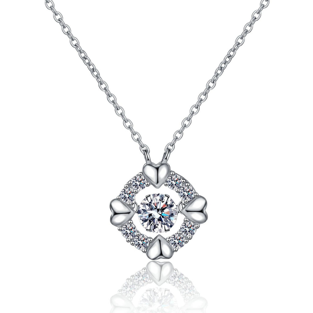 Heart Halo Moissanite Pendant Necklace with CZ in Rhodium-Plated S925 sterling silver white background product photo showing heart-shaped halo pendant with a round moissanite center and CZ accents