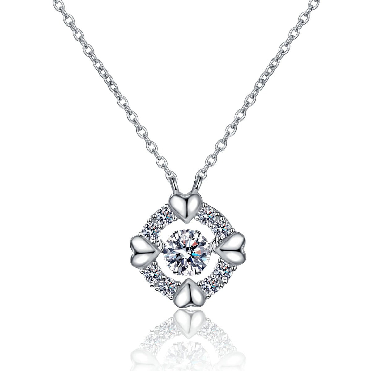 Heart Halo Moissanite Pendant Necklace with CZ in Rhodium-Plated S925 sterling silver white background product photo showing heart-shaped halo pendant with a round moissanite center and CZ accents