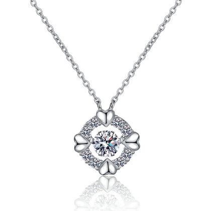 Heart Halo Moissanite Pendant Necklace with CZ in Rhodium-Plated S925 sterling silver white background product photo showing heart-shaped halo pendant with a round moissanite center and CZ accents