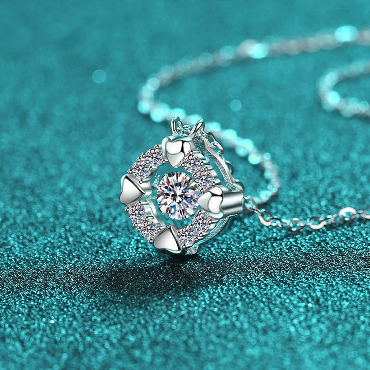 Heart Halo Moissanite Pendant Necklace with CZ in Rhodium-Plated S925 sterling silver blue display scene showing chain and stone layout