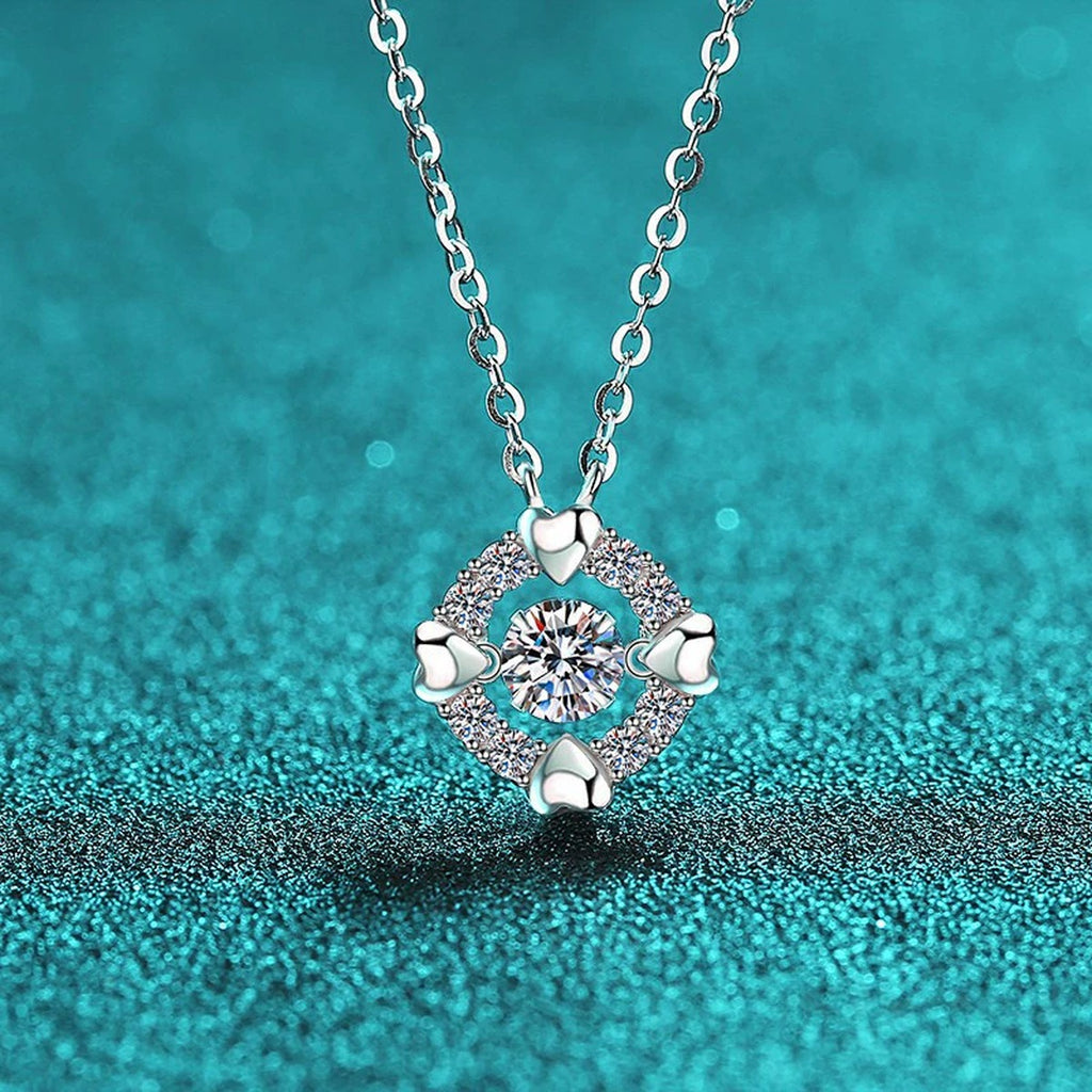 Heart Halo Moissanite Pendant Necklace with CZ in Rhodium-Plated S925 sterling silver angled product detail view