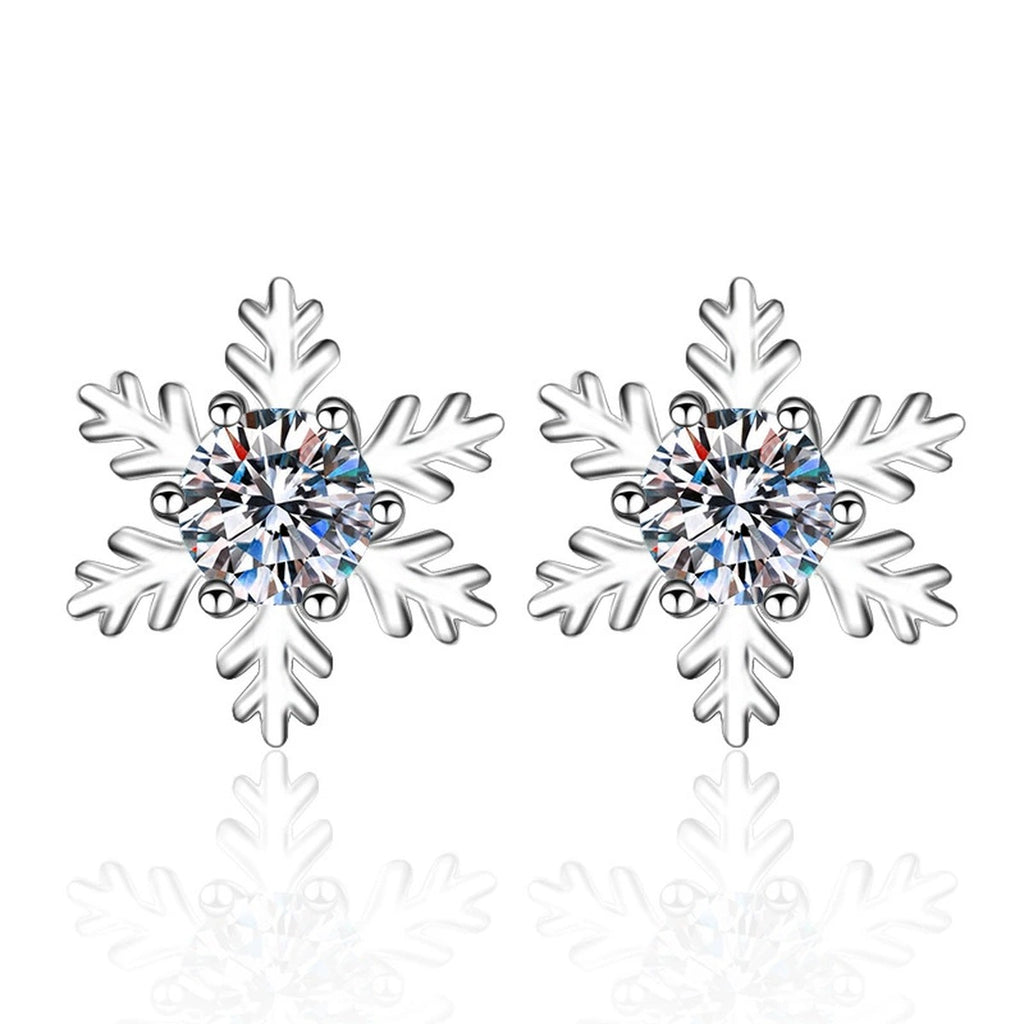 Snowflake Moissanite Stud Earrings in Rhodium-Plated S925 Sterling Silver on clean white background showing the pair, setting, and stud earrings silhouette