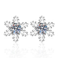 Snowflake Moissanite Stud Earrings in Rhodium-Plated S925 Sterling Silver on clean white background showing the pair, setting, and stud earrings silhouette
