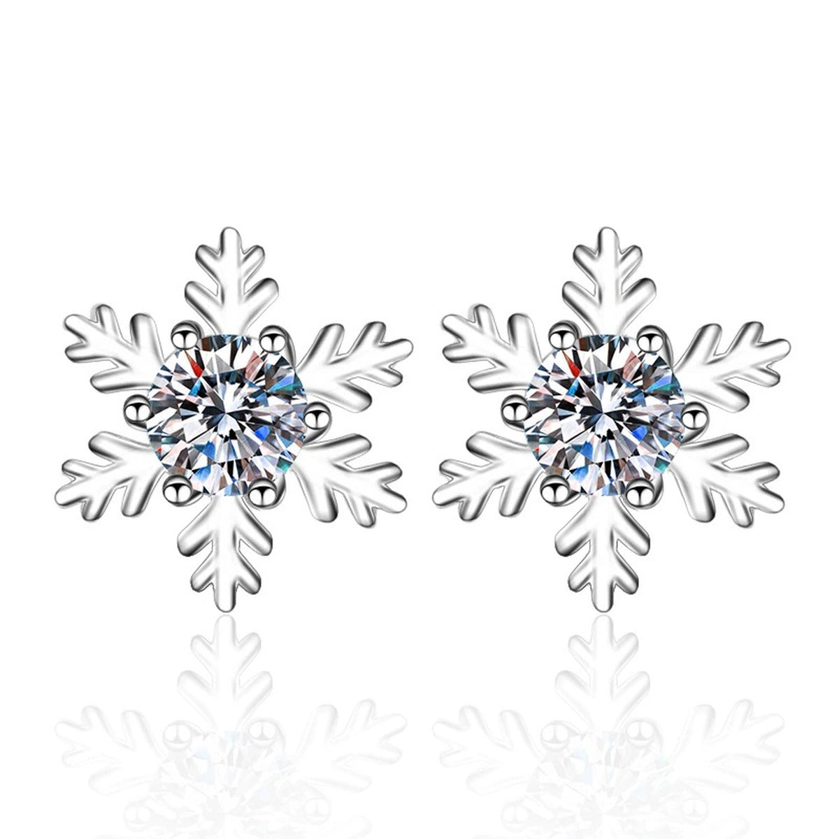Snowflake Moissanite Stud Earrings in Rhodium-Plated S925 Sterling Silver on clean white background showing the pair, setting, and stud earrings silhouette