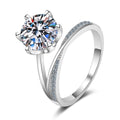 Round Moissanite Split Shank Engagement Ring with CZ in rhodium-plated S925 sterling silver on clean white background