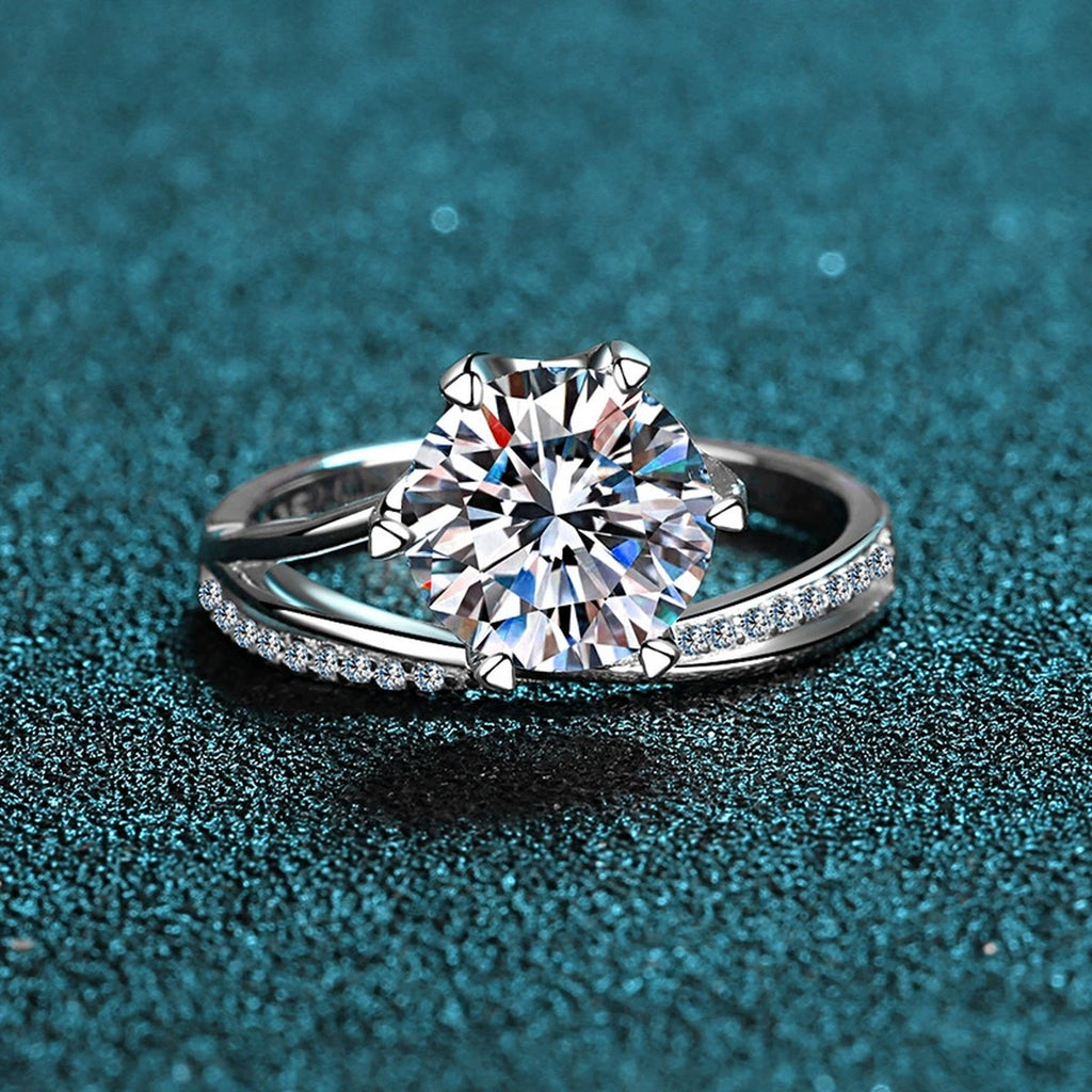 Round Moissanite Split Shank Engagement Ring with CZ product view showing moissanite setting and metal finish