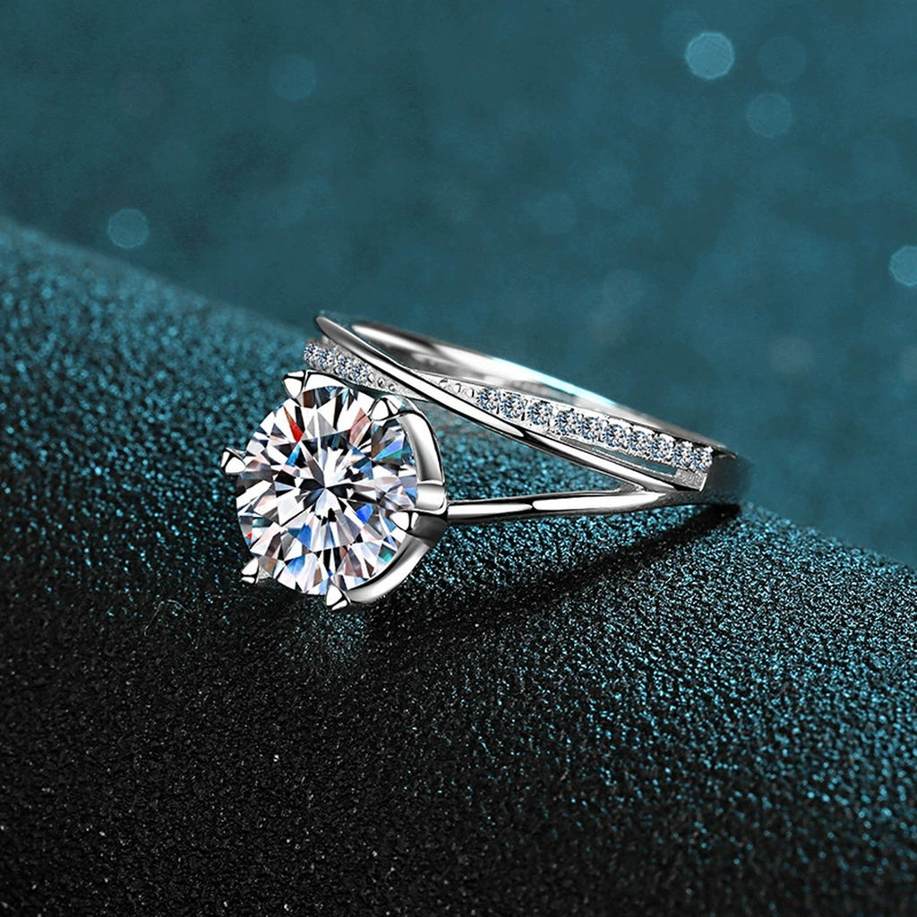 Round Moissanite Split Shank Engagement Ring with CZ product view showing moissanite setting and metal finish
