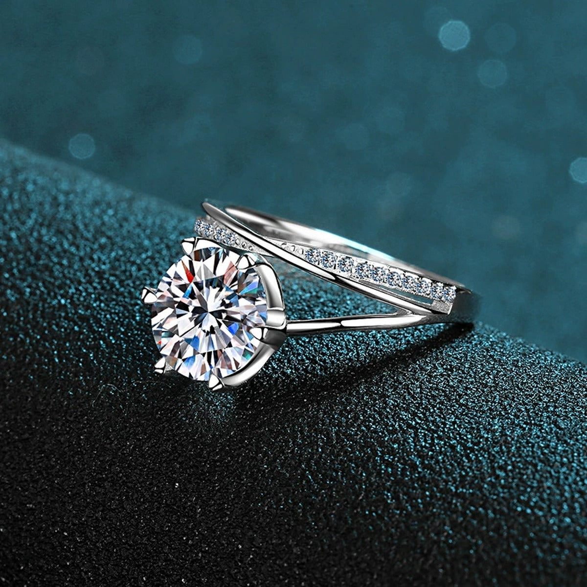 Round Moissanite Split Shank Engagement Ring with CZ product view showing moissanite setting and metal finish
