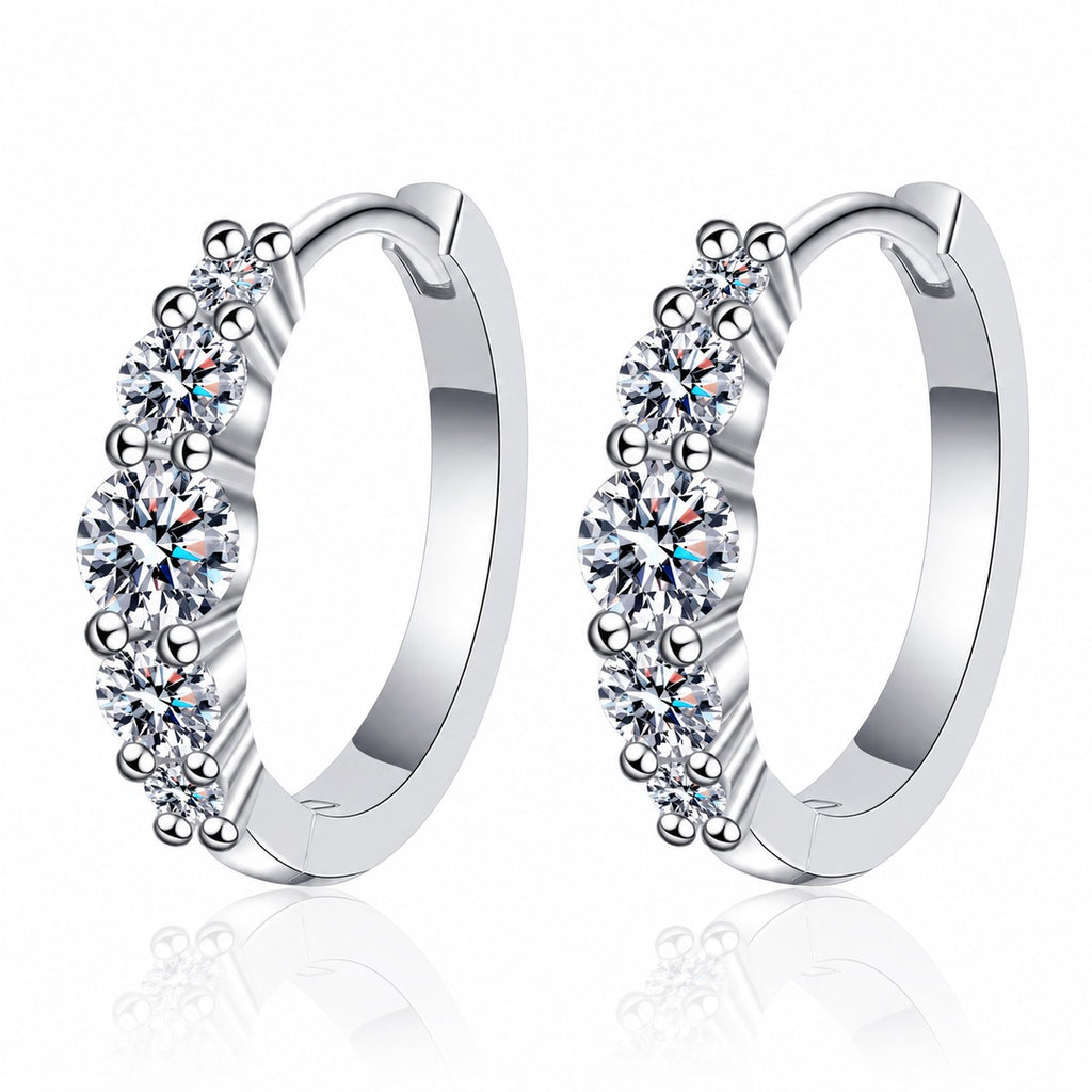 Cluster Moissanite Hoop Earrings in Rhodium-Plated S925 sterling silver white background product photo showing the pair, stone shape, and hoop earrings silhouette